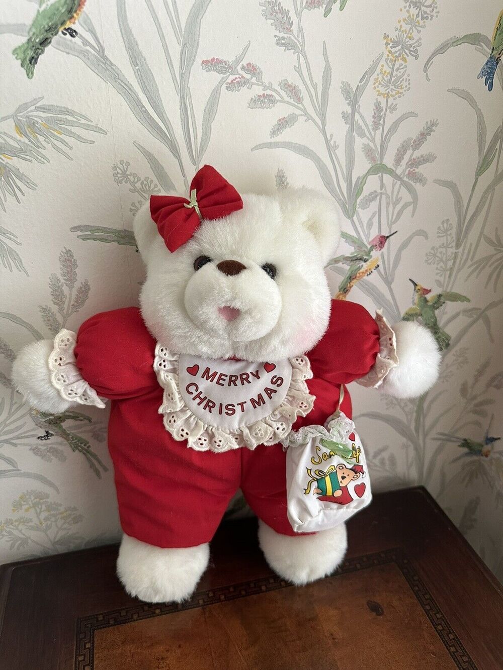 13” Plush Santa's Helper Christmas Bear w/ Purse Red Overall Vintage